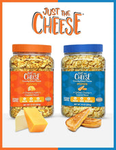 Two Just the Cheese minis jars, one with orange lid and one with blue lid