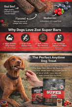 Beef recipe dog treat pouch with Super Bars branding, berries and kibble pieces