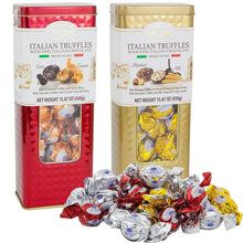 Two chocolate truffle tins with foil-wrapped candies, gift set