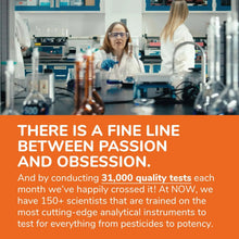 Quality testing poster with lab workers and 'There is a fine line' message