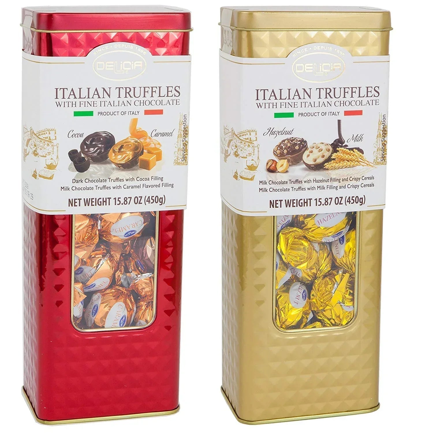 Fine Italian Truffles Milk Chocolate Candies Gift Set Tin 2 Pack (Cocoa/Caramel, Hazelnut/Milk), 15.87oz Each Tin