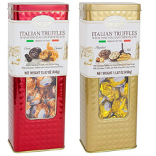 Two truffle chocolate tins, red and gold, with front labels and window