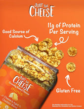 Mini cheese crisps jar tilted with scattered cheese crisps