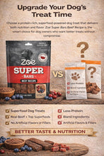 Beef recipe dog treat pouch with comparison panel showing less protein and fewer fillers