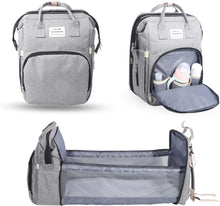 Gray waterproof diaper bag backpack with side pockets and open interior with changing pad