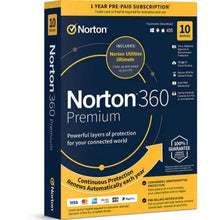 Norton 360 Premium subscription box front with 10 devices and iOS icons