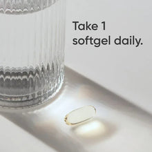 Single omega-3 softgel capsule on surface with "Take 1 softgel daily" text