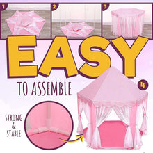 Pink princess play tent with peaked roof and sheer side curtains; step-style assembly view.
