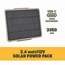 Rectangular solar power pack with dark panel, USB-C connector and 3350 mAh rating
