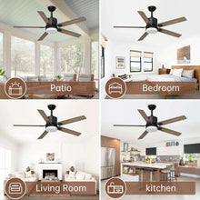 Ceiling fan with light, black housing and wood-style blades in four room views