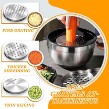 Stainless steel mixing bowl with black lid plus grater discs and slicing shreds