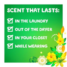 Green Gain laundry detergent marketing card listing scent lasts in laundry, dryer, closet