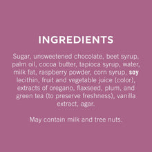Ingredients label for dark chocolate raspberry squares