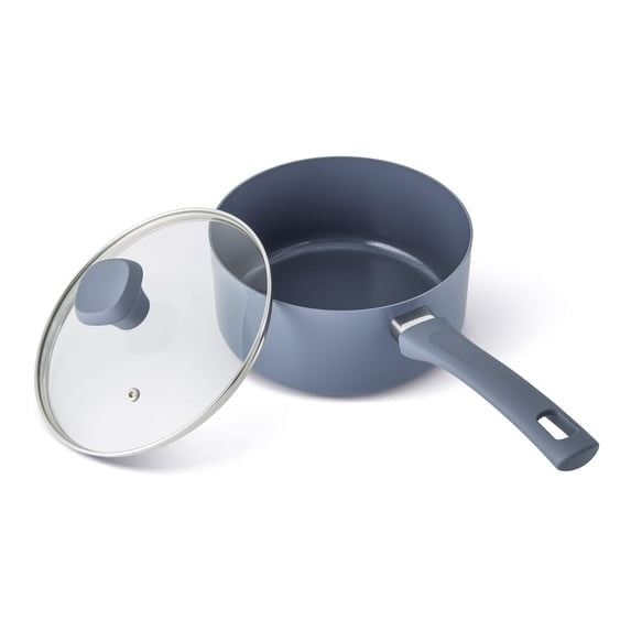 Blue ceramic non-stick sauce pan with glass lid and side handle