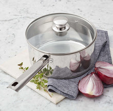 Stainless steel saucepan with glass lid and side handle
