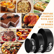 Black springform cake pans set of three with latch handles and textured perforated base.