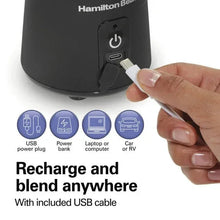 Black portable blender base with USB port and included USB cable