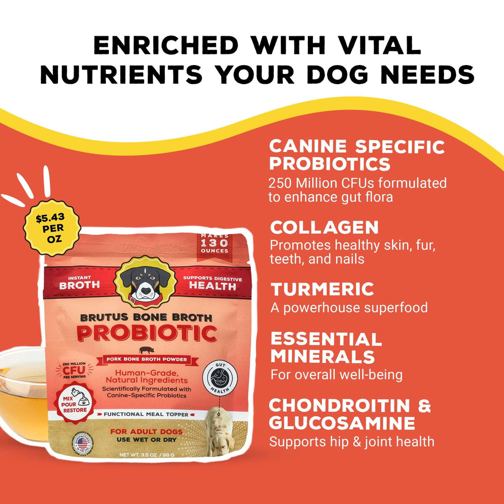 Brutus Bone Broth Probiotic Meal Toppers for Dogs Mega Pack (Pork) - Pet Food Topper - Bone Broth Powder Fortified - Pet Safe Human Grade Dog Food Topper - Makes Up to 130 Liquid Oz