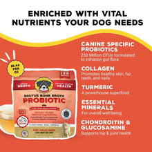 Probiotic bone broth dog topper pouch with enriched nutrients and canine-specific probiotics graphic