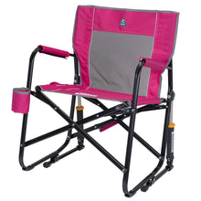 Beach Berry foldable rocking camp chair with gray back panel, armrests, and cup holder