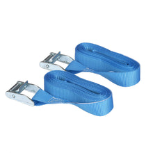 Two blue lashing straps with cam buckles and metal tie-down ends