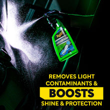 Meguiar's green detailer spray bottle removing contaminants and boosting shine