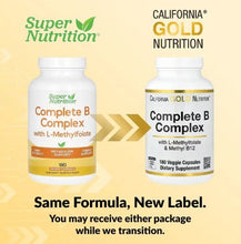 Complete B Complex supplement bottles, 180 veggie capsules, white plastic containers