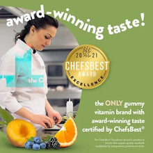 ChefsBest award badge graphic for gummy vitamin supplement taste, with fruit and kitchen.