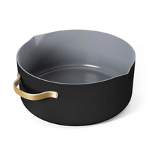 Black ceramic nonstick stock pot with strainer lid and light interior