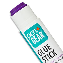 Pen+Gear glue stick label close-up with teal cap and purple disappearing formula