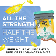 Lightweight clumping cat litter tub held in hand, green lid and yellow body