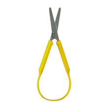 Yellow adaptive scissors with gray blades and rounded safety finger loops