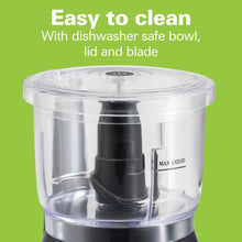 Black electric food chopper with clear bowl and lid; blade assembly visible