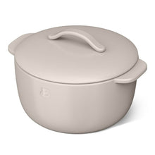 Porcini taupe covered stoneware casserole dish with curved lid handle and side grips