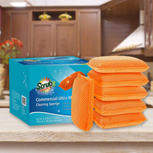 Orange Scrub-It microfiber kitchen sponges, stacked with product box on counter