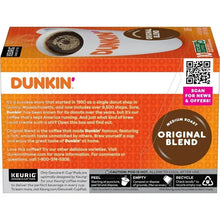 Dunkin Original Blend coffee pod box back panel with QR code and recycling icons