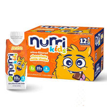 Nurri Kids chocolate milk shake carton beside a 12-pack box