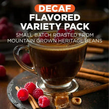 Decaf flavored coffee variety pack with brewed coffee mug and small pods beside it.