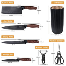 Kitchen knife set size chart with chef, slicing, utility knives, kitchen scissors, and knife block