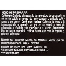 Yaucono instant coffee jar back label with Spanish preparation directions