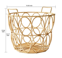 Large rattan-style storage basket with handles, light tan woven circular lattice weave