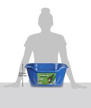 Blue high-sided cat litter box with size graphic beside it