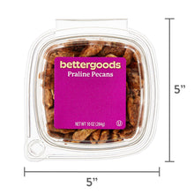 Praline pecans in clear plastic tub with purple Bettergoods label