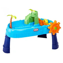 Blue kids water table toy with green slide, orange wheel, and palm tree features