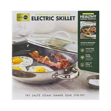 Electric skillet product box showing nonstick electric skillet with glass lid