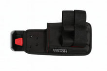 Compact tool pouch organizer side view, black fabric with elastic pockets, red stitching