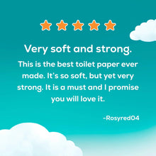 Toilet paper product card with star rating and cloud accents