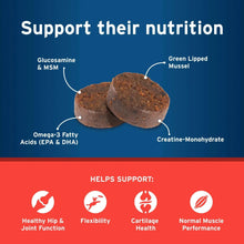 Chicken-flavored soft chews with ingredient callouts: glucosamine, omega-3, green mussel