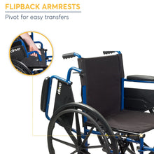 Wheelchair with flip-back armrests and desk-style pads; black seat and back