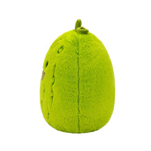Green pickle plush toy side view with small top stem and stitched ridges